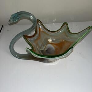Large Vintage Orange Green Swirl Murano Style Hand Blown Art Glass Swan Bowl
